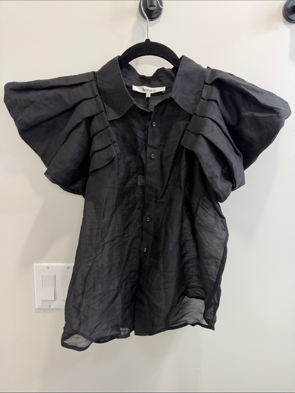 NWT Aureta Studio Stella Black Pleated-Sleeve Blouse small